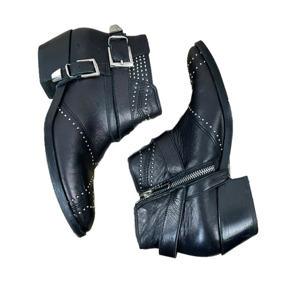 Anine Bing Bianca Leather Studded Accents Ankle Boots Black 6 36 Buckle Harness - Picture 7 of 12